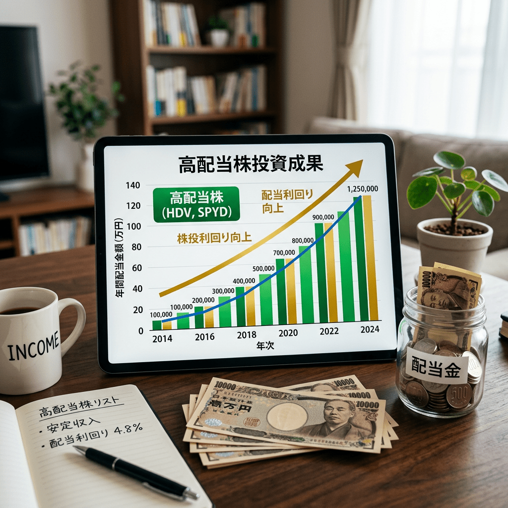 Graph on tablet showing annual dividend amounts increasing from 2014 to 2024 with labeled high dividend stocks and rising stock and dividend yields