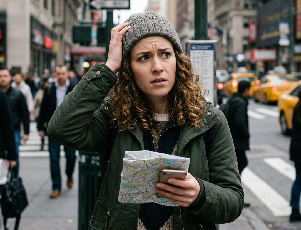 Woman holding a map and phone looking confused on a city street
