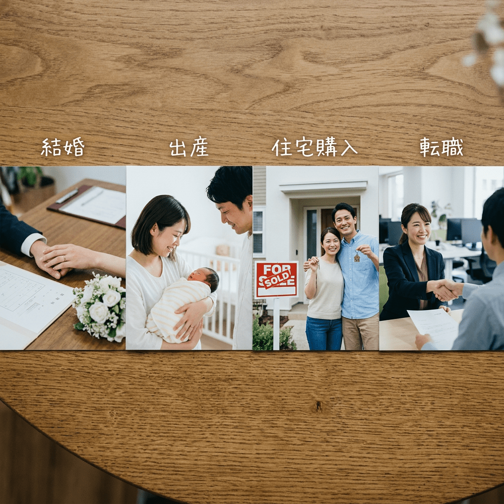 Four photos illustrating major life events: holding hands for marriage, a couple with a newborn baby, a couple in front of a sold house, and a woman shaking hands at a job interview.