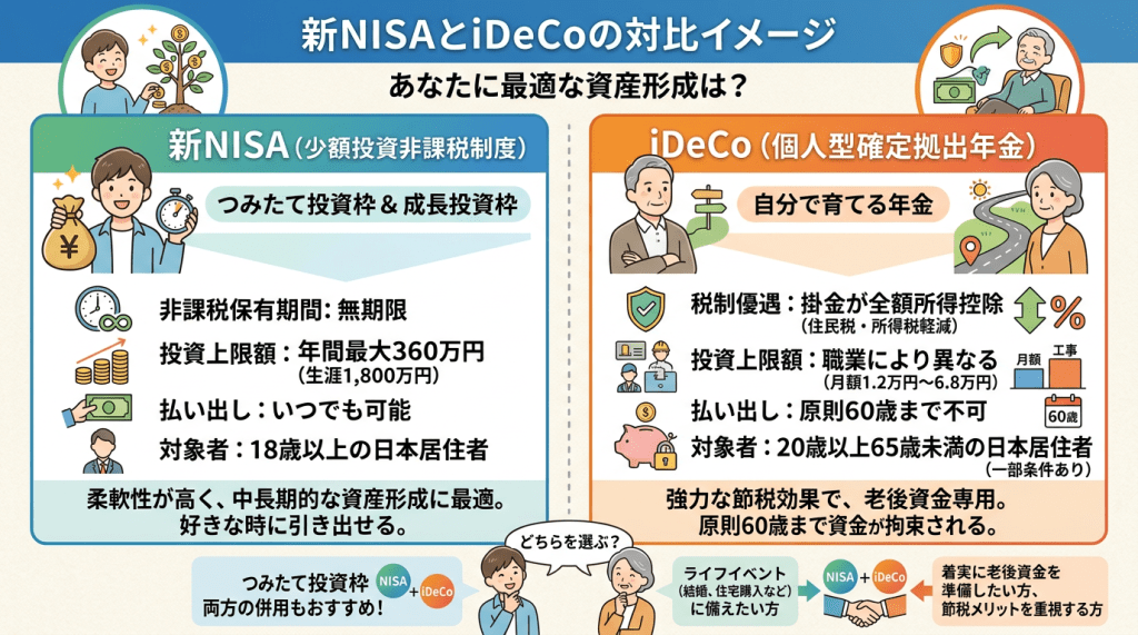 Comparison chart of new NISA and iDeCo showing investment limits, tax benefits, withdrawal rules, and eligibility