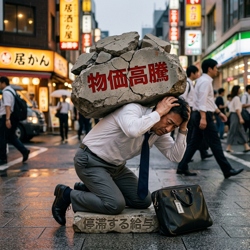 Businessman kneeling on cracked stone labeled 'stagnant wages' carrying large cracked stone on his back with 'rising prices' in red