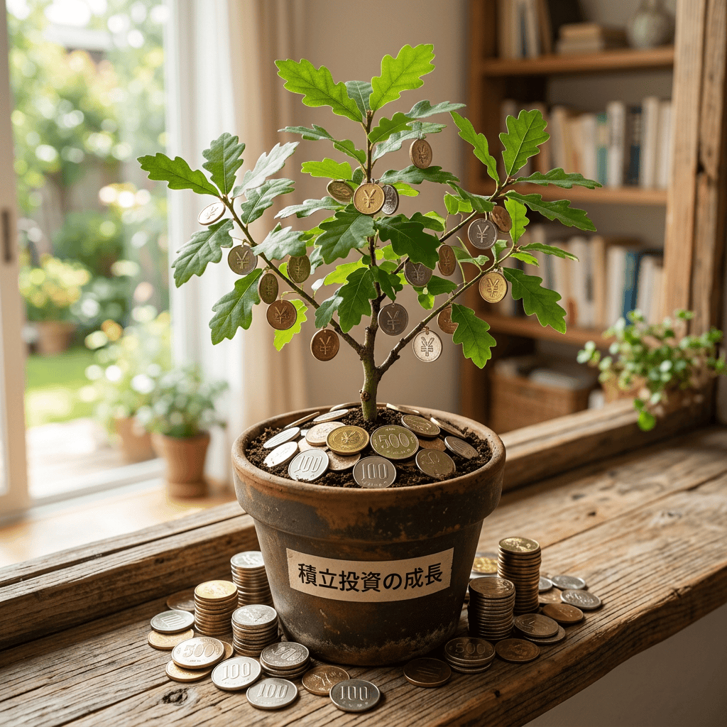 Potted money tree labeled 積立投資の成長, with yen coins on branches and soil