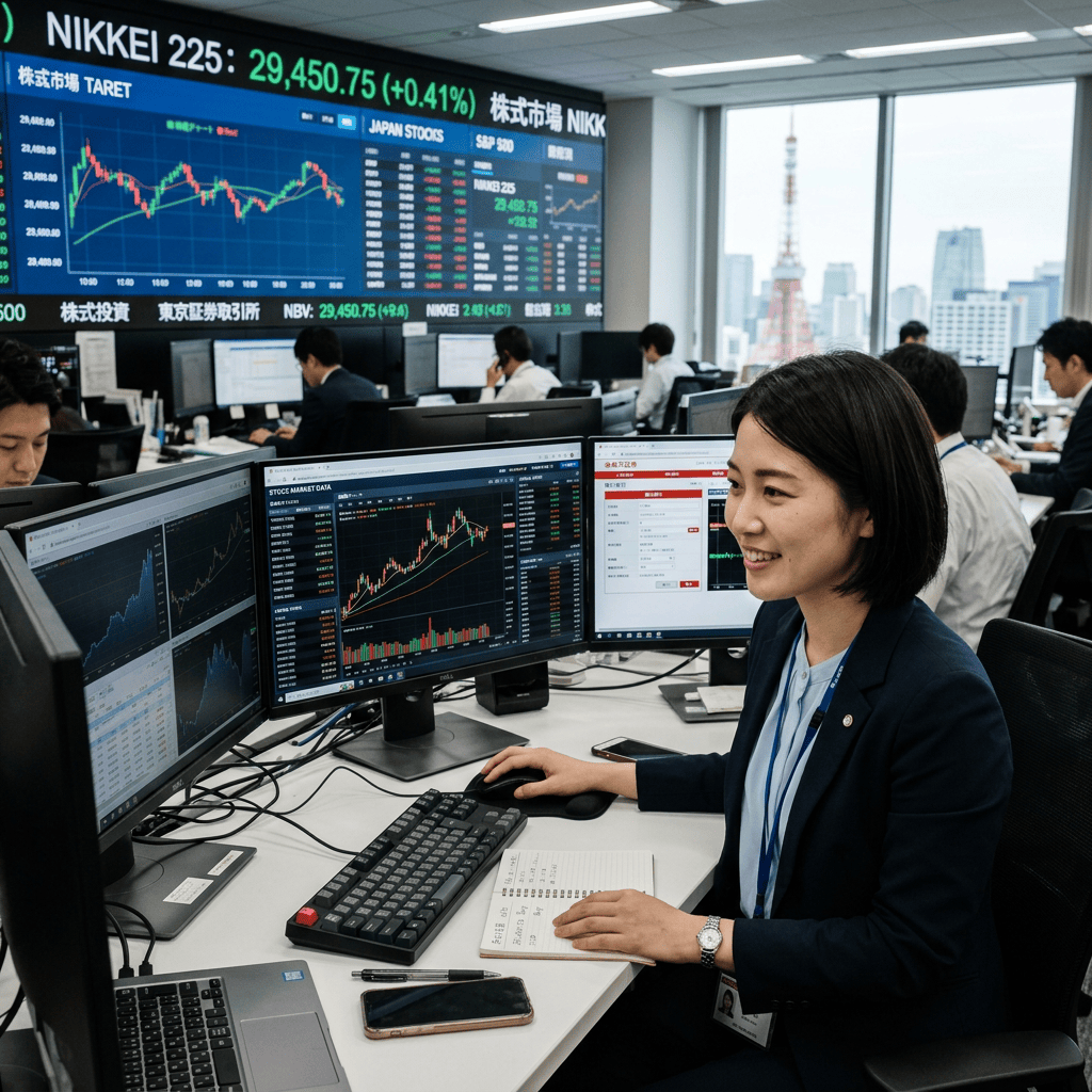Financial professional monitoring stock charts in a Tokyo trading office