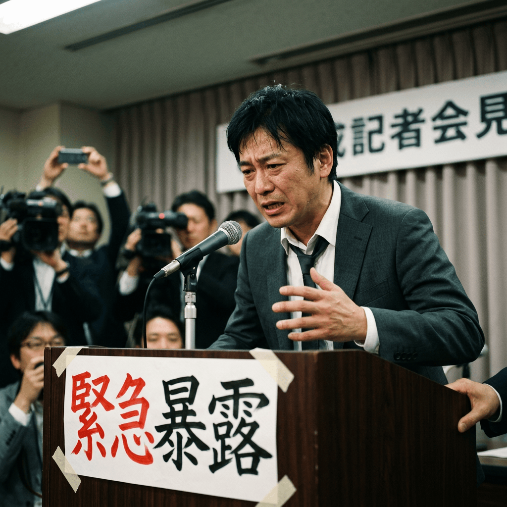 Man speaking at a microphone beneath signs reading 「記者会見」 and 「緊急暴露」