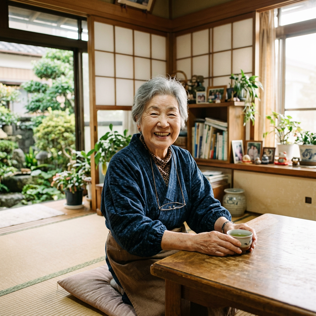 Older woman smiling while holding a cup of tea at a low table