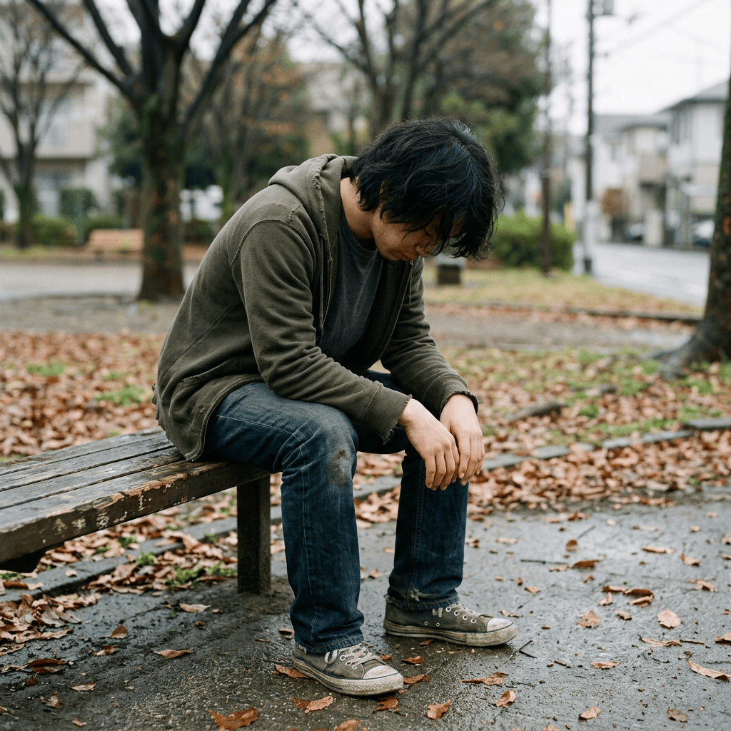 Person sitting hunched on a park bench among fallen autumn leaves