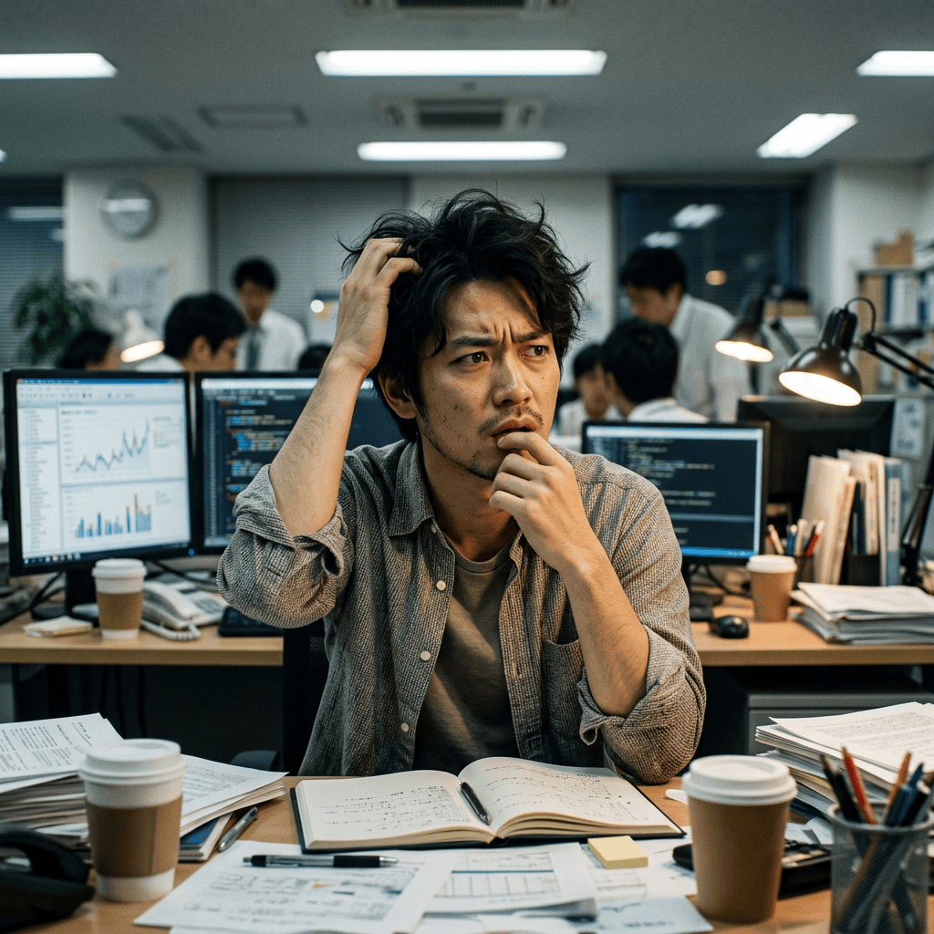 Concerned office worker surrounded by monitors, paperwork, and coffee cups