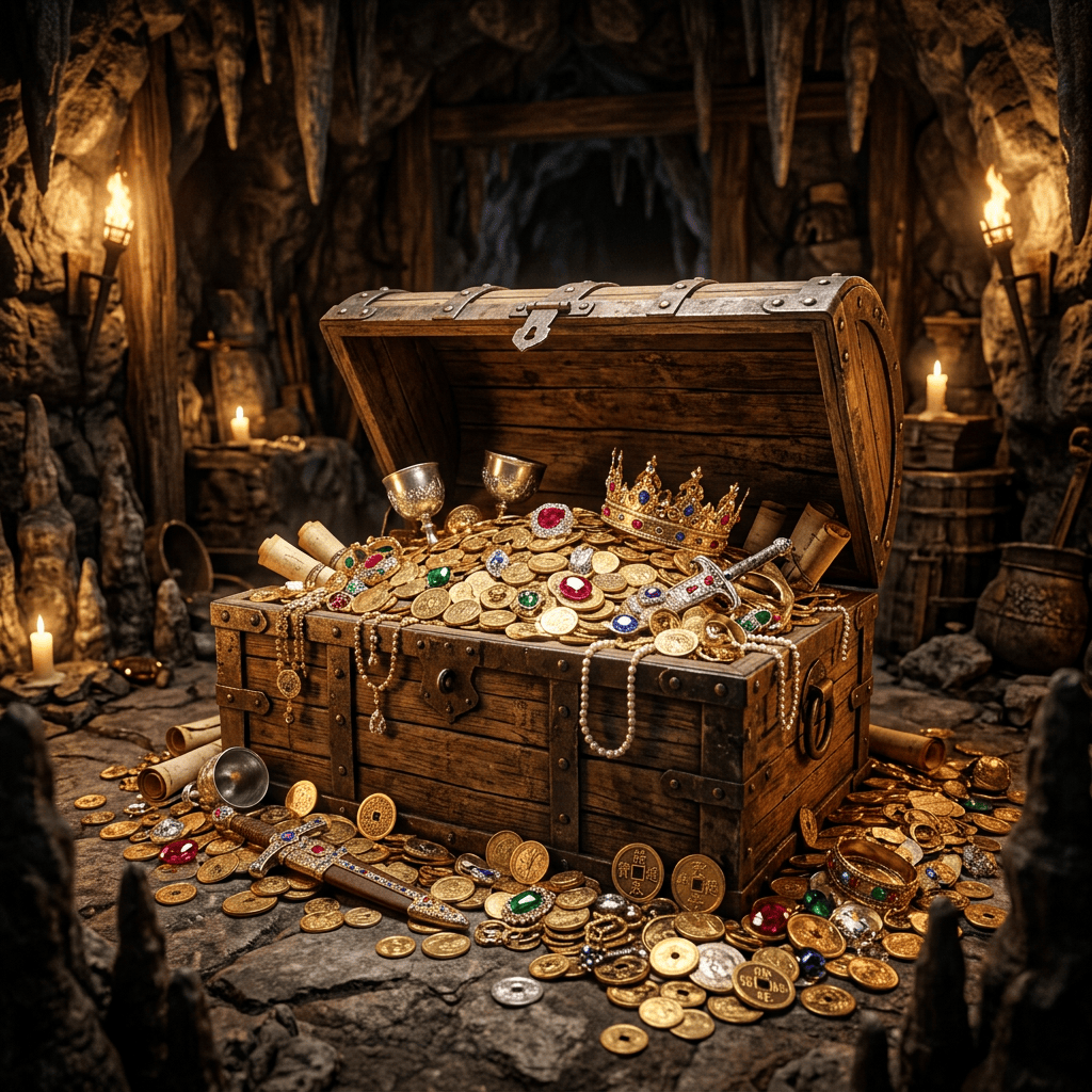 Open wooden treasure chest overflowing with coins, jewels, crowns, and goblets