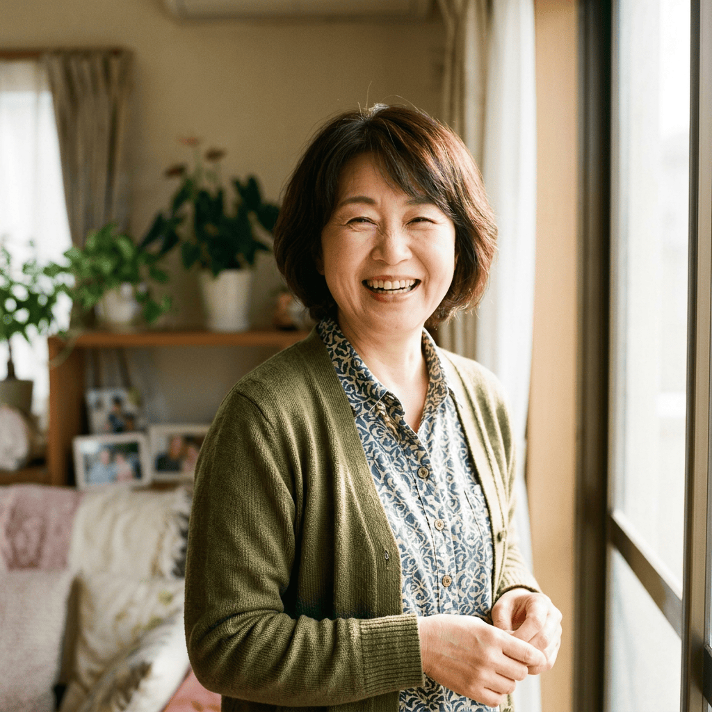 Smiling woman standing beside a sunlit window at home